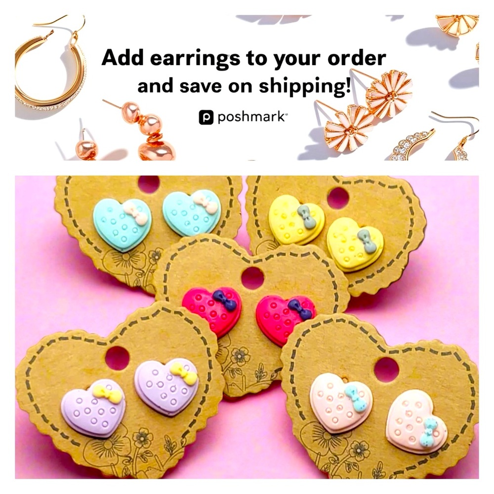 Stud Earrings Sweet Pastel Hearts with Bows‎ DARK PINK